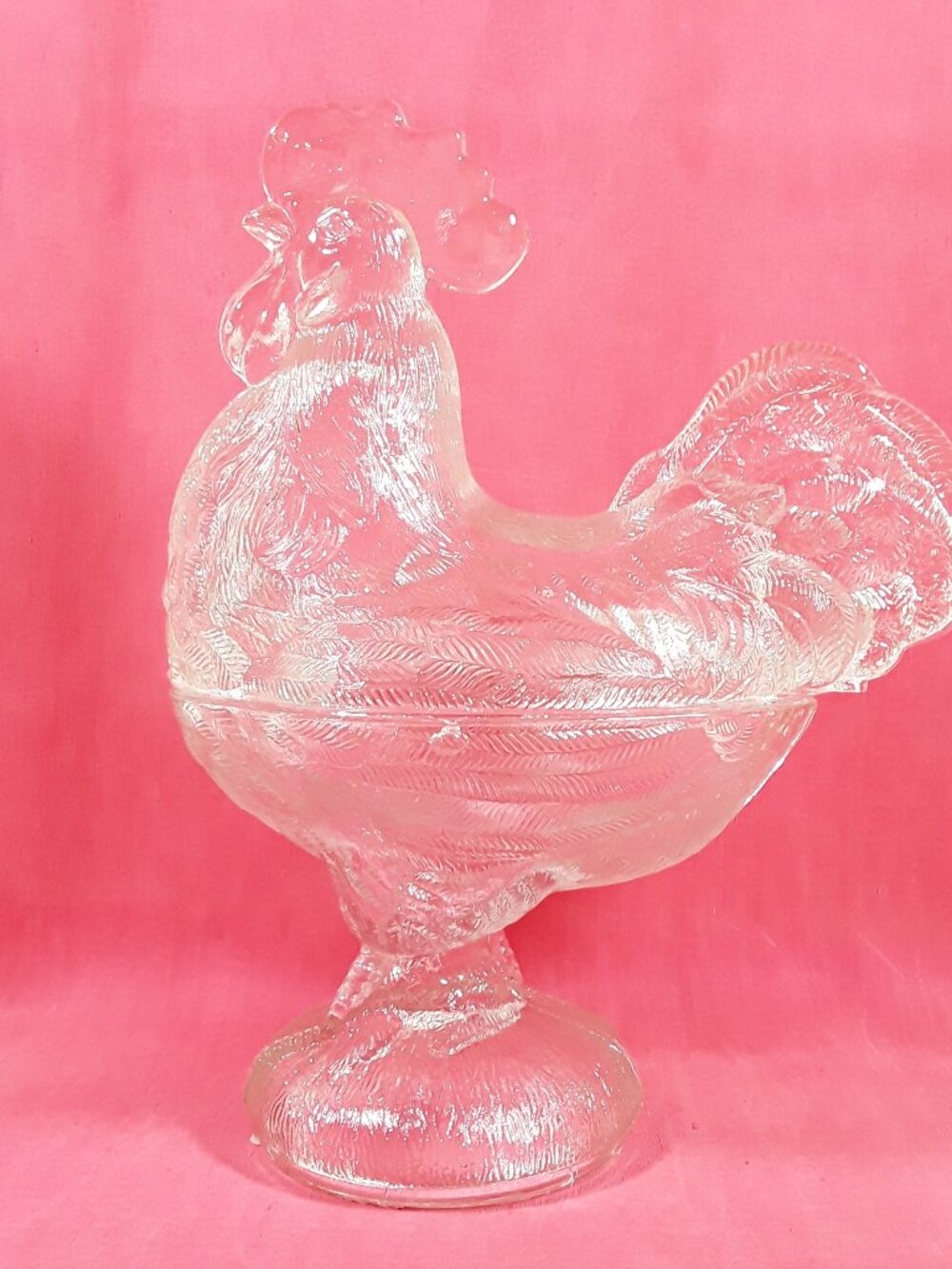 Clear Glass Rooster Candy Dish, Unmarked, covered pedestal bowl, chicken hen HON